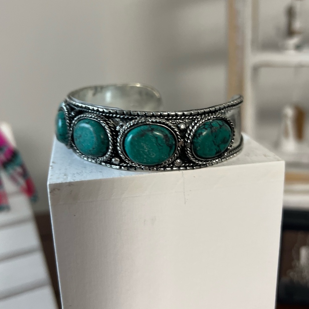 New Faux Turquoise 6 Stone Silver Toned cuff bracelet womens boho western chic